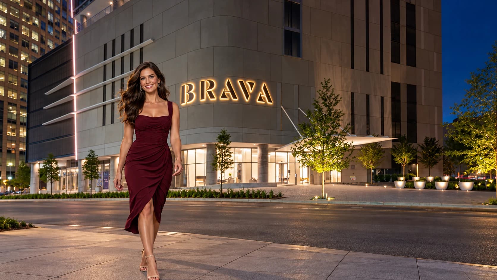 AI-generated lifestyle scene with an adult woman in front of Brava high rise in Houston